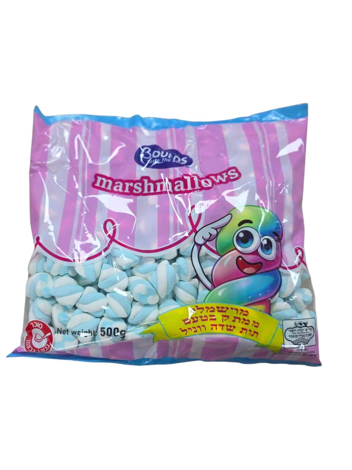 ממתק מרשמלו מסולסל ‎ BOULOSתכלת לבן בטעם תות וניל 500 גרם